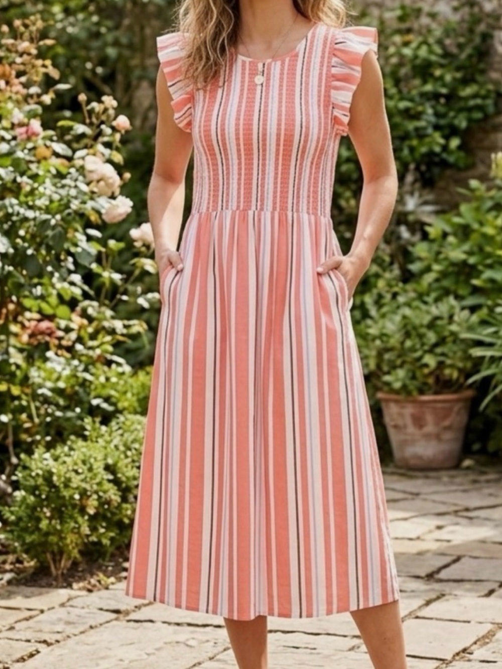 a new day Coral and White Striped Midi Dress with Ruffle Sleeves